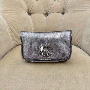 VTG Auth CLARA KASAVINA Silver Metallic Leather Crystal Minaudiere Clutch Bag